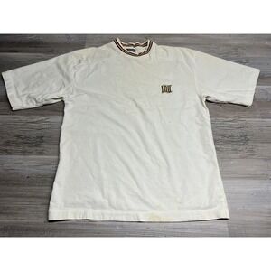 Vintage 90s IOU Basic White T-Shirt‎ Light Brown Ringer Neck Size M Logo